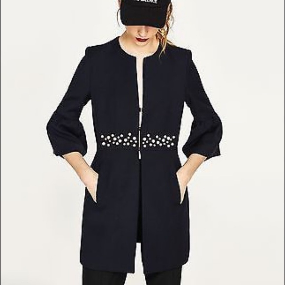 Zara Navy Pearl Waist Longline Blazer Size S